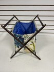 Vintage Folding Floral Sewing Caddy Tote Knitting Basket Yarn Stand Wood Frame