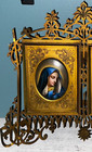 Antique 1800 s Painted Porcelain Mother Of Sorrows   Jesus Gold Brass Plaque