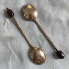 Pair Of Antique Sterling Silver  925 Mustard Condiment Spoon Black Finials 1900