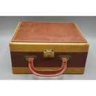 Vintage Two Tone Canvas Brown Faux Leather Train Case Vanity Makeup Box 10x9x5