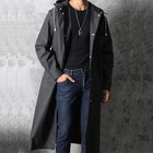 Men Black Waterproof Long Raincoat Rain Coat Hooded Trench Jacket Outdoor Hiking