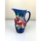 Royal Copley Floral Pottery Pitcher Cobalt Blue   Pink Vintage Pretty Home Decor