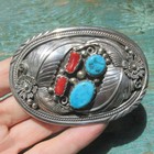 H  Spencer Vintage Navajo Belt Buckle Sleeping Beauty Turquoise   Red Coral 90s