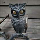 Antique Vintage Pair Black Cast Iron Owl Fireplace Andirons Metal W  Glass Eyes