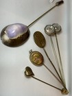 Lot  6 Victorian   Vint  Stick Pins  Seashell  Mop   Stones  Brass   Vict  Lady