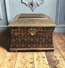 Antique Wooden Casket Storage Box With Fleur-de-lis Pattern And Brass Handles