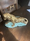 Vintage Mid Century Cameron Clay Aqua   24 K Plated Gold Panther Flower Pot Usa