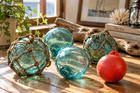 Vintage Japanese Glass Fishing Floats 4 Blue   1 Red Buoy Set Of 5