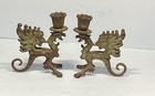 2 Vtg Black Cast Iron Candle Holder Gothic Dragon Griffin Gryphon Figures 6   