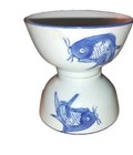 4  4 5   Chinese Vtg  Koi Carp Blue   White Hand Painted Cup  Bowl Marked Beauti