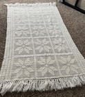 Vintage Handmade Crochet Afghan Throw Blanket Flower Panel 42x67 Cream Fringe