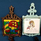 10 Vintage Trivets Lot Cast Iron Tile Foil Mushroom  Love Is   eagle Wilton Etc 