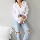 Womens Elegant Lapel Collar Button Down Long Sleeve Casual White Shirt Loose Top