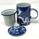 Chinese Porcelain Tea Mug With Lid   Infuser Dragons Blue With Red Accents F5007