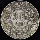 1874 Switzerland 5 Francs     Vf Very Fine Details     Silver Coin Helvetia 39an
