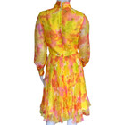 Vintage 1960s Floral Pleated Chiffon Dress With Bow Long Sleeves S