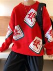 New Chinese Mahjong Pattern Man Women Red Pullover Top Sweater