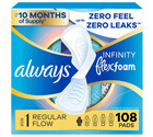 Always Infinity Flexfoam Pads Size 1 Regular Wings Unscented 2 Pack 108 Ct