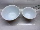 Vintage 70s Pyrex Homestead  401  402 Mixing Bowls Tan W  Blue Speckle Floral