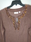 Vtg Quacker Factory Brown Velour Suede Beaded Caftan Women   s Size L Tunic Dress