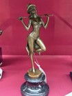 Bronze Woman Statue Dancer Sculpture Cane Marble Revue Elegant Art Figurine Lady