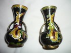 Antique Mini Cloisonne Urn Vase Handles Pair Dragons