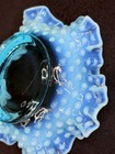 Vtg Lot 4 Fenton Blue Hobnail Glass   Cruet  Tumbler  Ashtray Fan  Ruffled Bowl