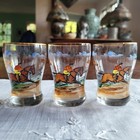 3 Vtg Hand Blown Painted Art Deco Barware Glasses Horse Equestrian Steeplechase