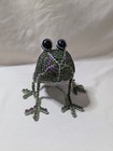 Green   Purple Beaded Wire Frog Sculpture Figurine Art Black Eyes