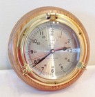 Vintage Bell Clock Company Nautical Ship s Porthole Brass   Oak Wall Clock Works
