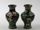 Vintage Chinese Cloisonne Mini Vase Set Black Enamel On Brass