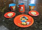 Vintage Ohio Art Tin Metal Litho Children s Tea Set   Kitten  Girl  Butterfly