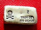 Prospectors Skull Crossbones Nugget Loaf Bar 2 Troy Oz 999 Fine Silver