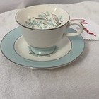 Vintage Mid-century Sevron Blue Lace Tea Cup And Saucer Set Silver Trim Accents