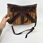Vtg Creel Fishing Woven Wicker Basket Leather Strap Rustic Cabin Decor Japan 40s