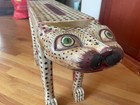 Vtg Bali Folk Art Wood Hand Carved   Painted Wooden Jungle Cat Footstool  bench