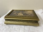 Antique  Victorian Print Mirrored Carved Glass Sectioned Jewelry Trinket Box