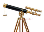 Nautical Brass Leather Double Barrel Telescope 18 Inch W  Wood Stand Collectible