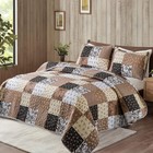 Mybedsoul Patchwork Quilt Set Queen Size 3 Pieces Brown Floral Queen  Khaki 