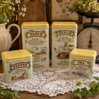 Vintage 4 Pc Metal Canister Set Recipe Flour Sugar Coffee Tea Yellow Gingham