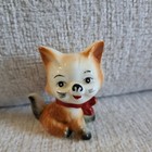 Vintage Ceramic Kitty Cat Figurine -small 3  With Red Bow Brown