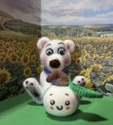Mini Needle Felted White Teddy Bear With Blue Scarf And White Pumpkin