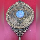 Antique Bronze French Repousse Hand Mirror Painted Victorian Lady Engraved 9 5   