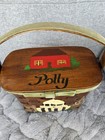 Vintage Handpainted Wooden Sewing Basket Purse With Hinged Top Velvet Trim