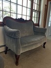 Victorian Camelback Settee Gray Upholstery Carved Wood Details Antique