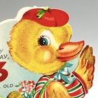 Mcm 40s Duck Basket Flocked Anthropomorphic 3rd Year Old Birthday Greeting Card