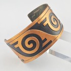 Thick Vintage Signed Bell Solid Copper Wide Embossed Black Enamel Cuff Bracelet