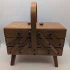 Vintage Dovetail Wood Accordion Fold Out Handled Sewing Box Chest W  Legs