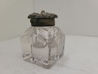 Vintage Antique Solid Cut Glass Inkwell With Art Deco Style Brass Top Acorns