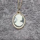  Vintage Gold Tone Oval Cameo Portrait Pendant Necklace Black   White